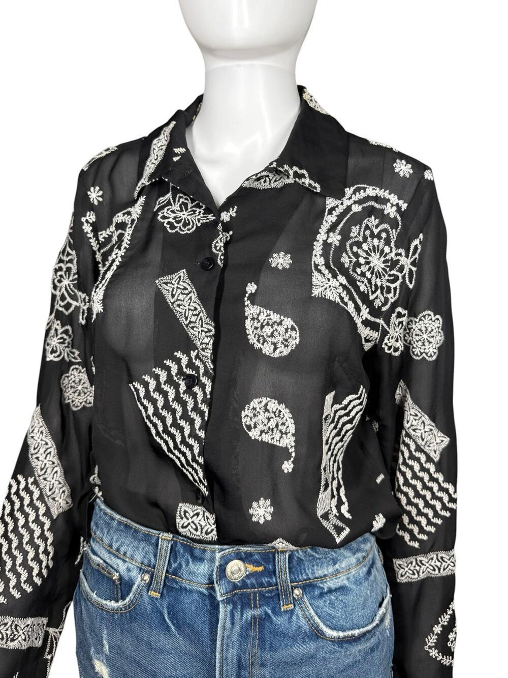 Coldwater Creek Vintage 90s Black Sheer Paisley Embroidered Blouse Size Small